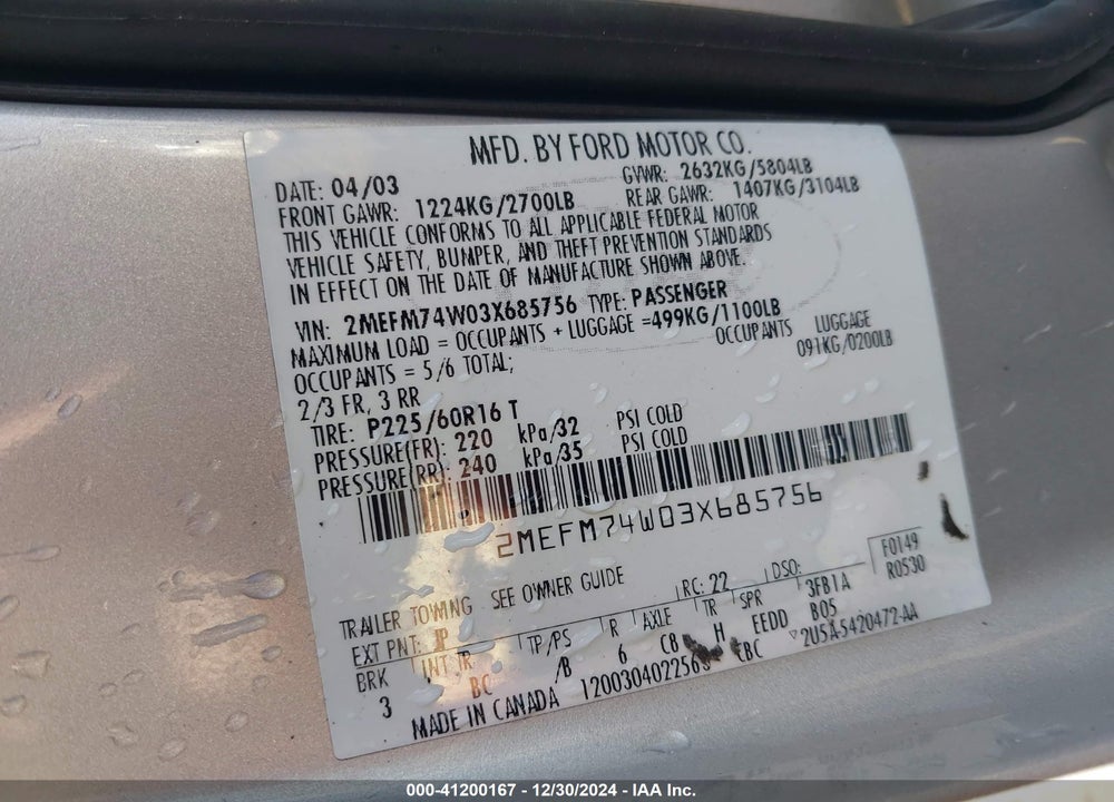 2003 MERCURY GRAND MARQUIS GS VIN: 2MEFM74W03X685756