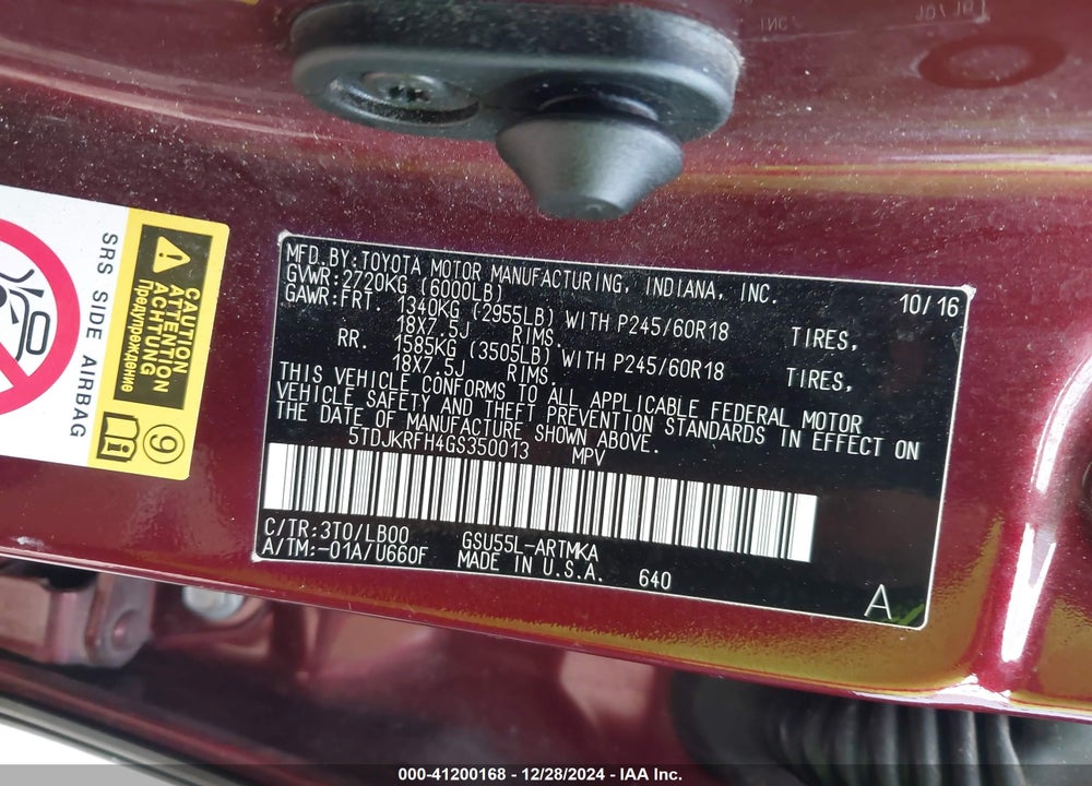 2016 TOYOTA HIGHLANDER XLE V6 VIN: 5TDJKRFH4GS350013