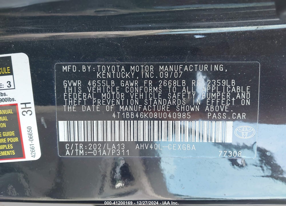 2008 TOYOTA CAMRY HYBRID VIN: 4T1BB46K08U040985