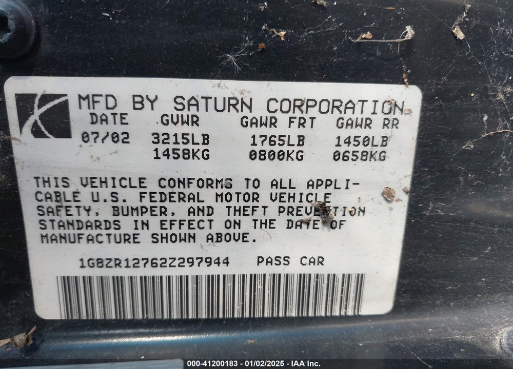 2002 SATURN S-SERIES SC2 VIN: 1G8ZR12762Z297944