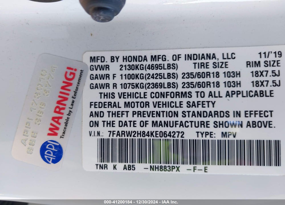 2019 HONDA CR-V EX-L VIN: 7FARW2H84KE064272