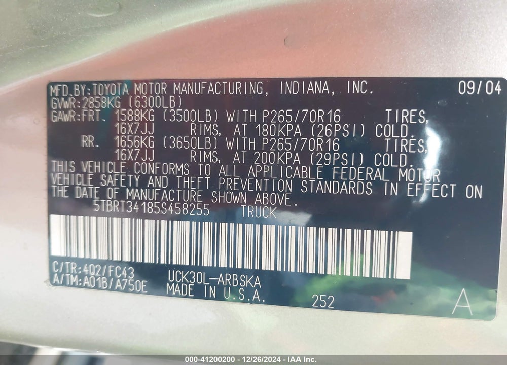 2005 TOYOTA TUNDRA SR5 V8 VIN: 5TBRT34185S458255