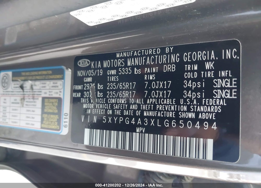 2020 KIA SORENTO 2.4L LX VIN: 5XYPG4A3XLG650494
