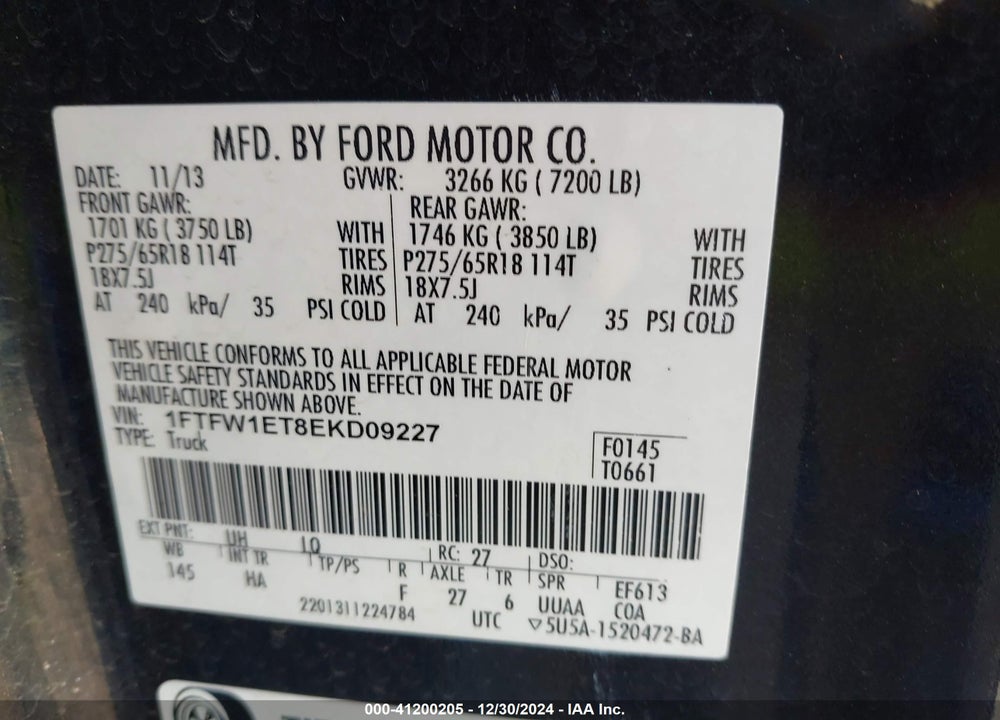 2014 FORD F-150 LARIAT VIN: 1FTFW1ET8EKD09227