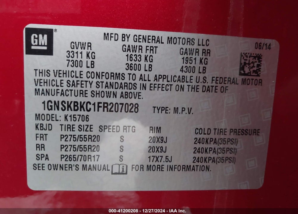 2015 CHEVROLET TAHOE LT VIN: 1GNSKBKC1FR207028