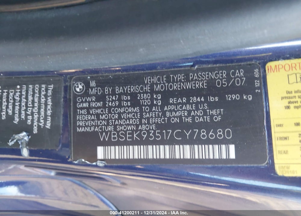 2007 BMW M6 VIN: WBSEK93517CY78680