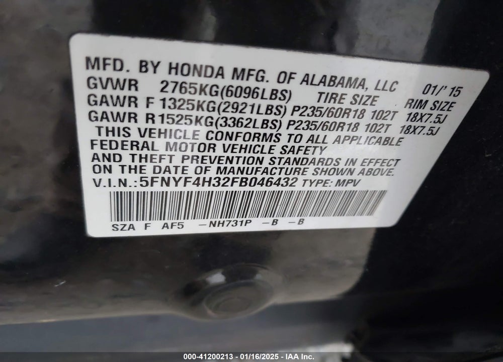2015 HONDA PILOT SE VIN: 5FNYF4H32FB046432