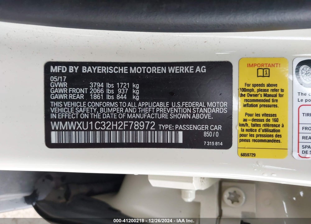 2017 MINI HARDTOP COOPER VIN: WMWXU1C32H2F78972