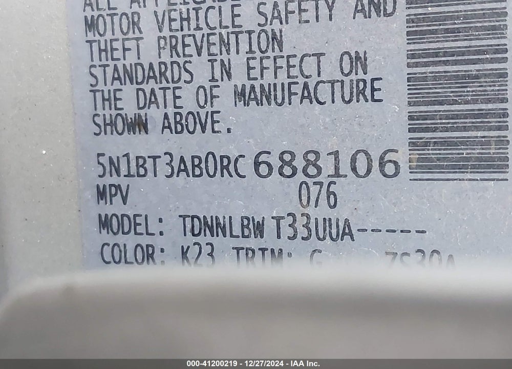 2024 NISSAN ROGUE S INTELLIGENT AWD VIN: 5N1BT3AB0RC688106