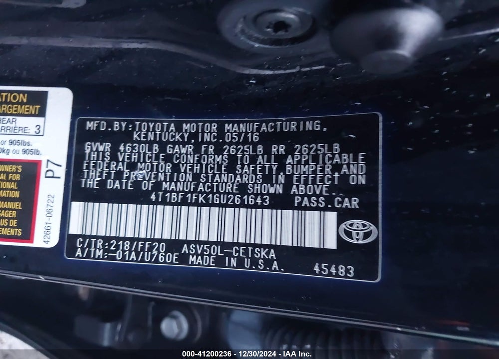 2016 TOYOTA CAMRY SE VIN: 4T1BF1FK1GU261643
