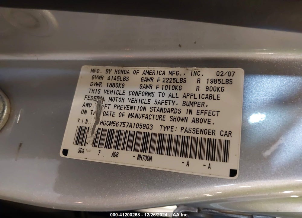 2007 HONDA ACCORD VIN: 1HGCM56757A105903