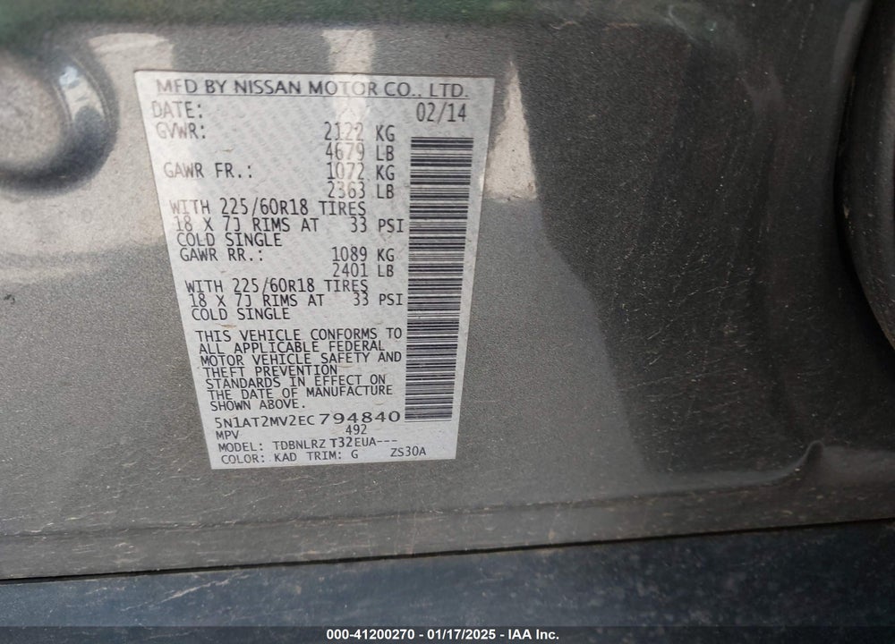 2014 NISSAN ROGUE VIN: 5N1AT2MV2EC794840
