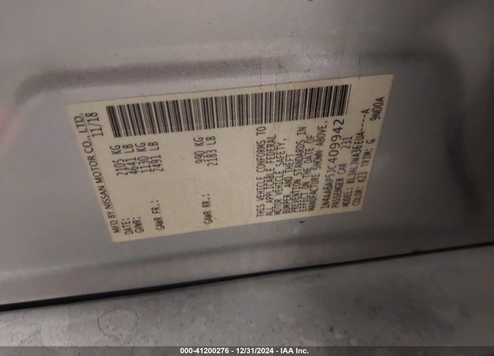 2018 NISSAN MAXIMA VIN: 1N4AA6AP5JC409942