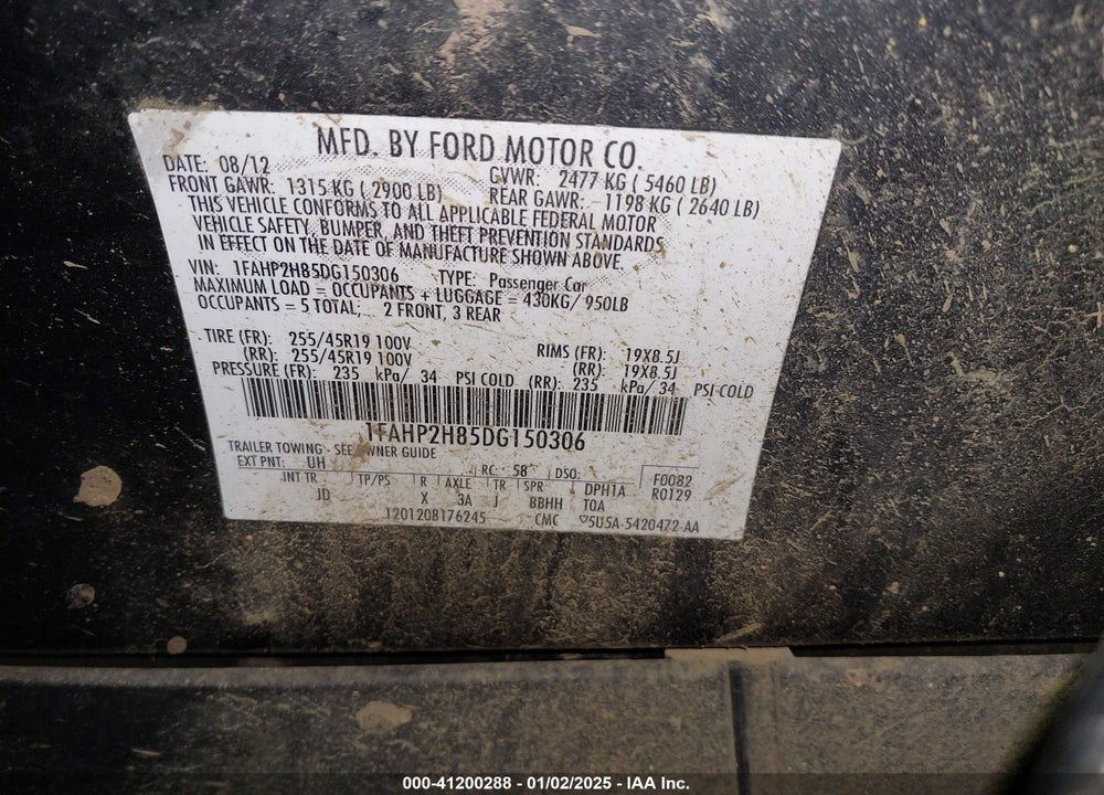2013 FORD TAURUS VIN: 1FAHP2H85DG150306