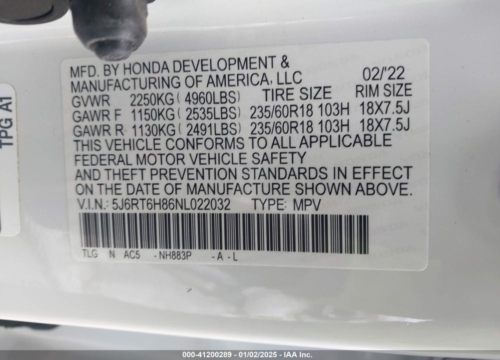 2022 HONDA CR-V HYBRID EX-L VIN: 5J6RT6H86NL022032
