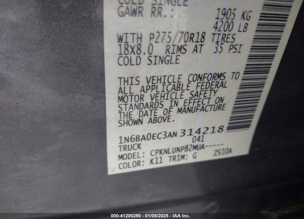 2010 NISSAN TITAN PRO-4X VIN: 1N6BA0EC3AN314218