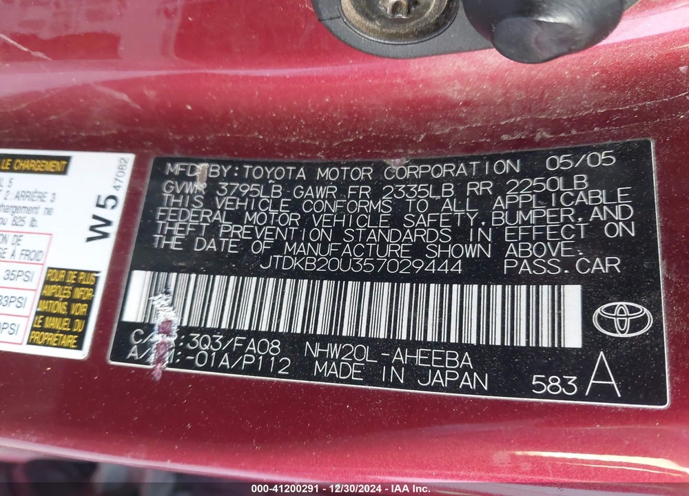 2005 TOYOTA PRIUS VIN: JTDKB20U357029444