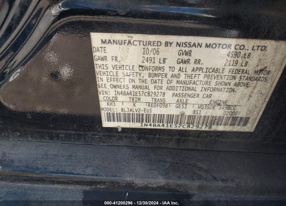 2007 NISSAN MAXIMA 3.5 SE VIN: 1N4BA41E57C829278