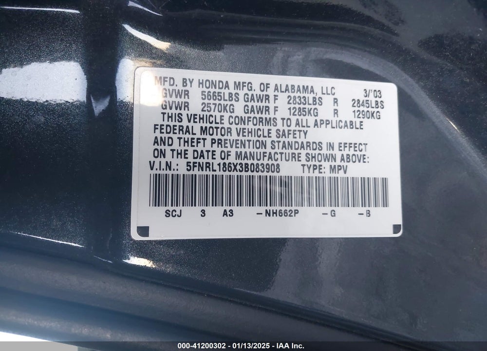 2003 HONDA ODYSSEY EX VIN: 5FNRL186X3B083908