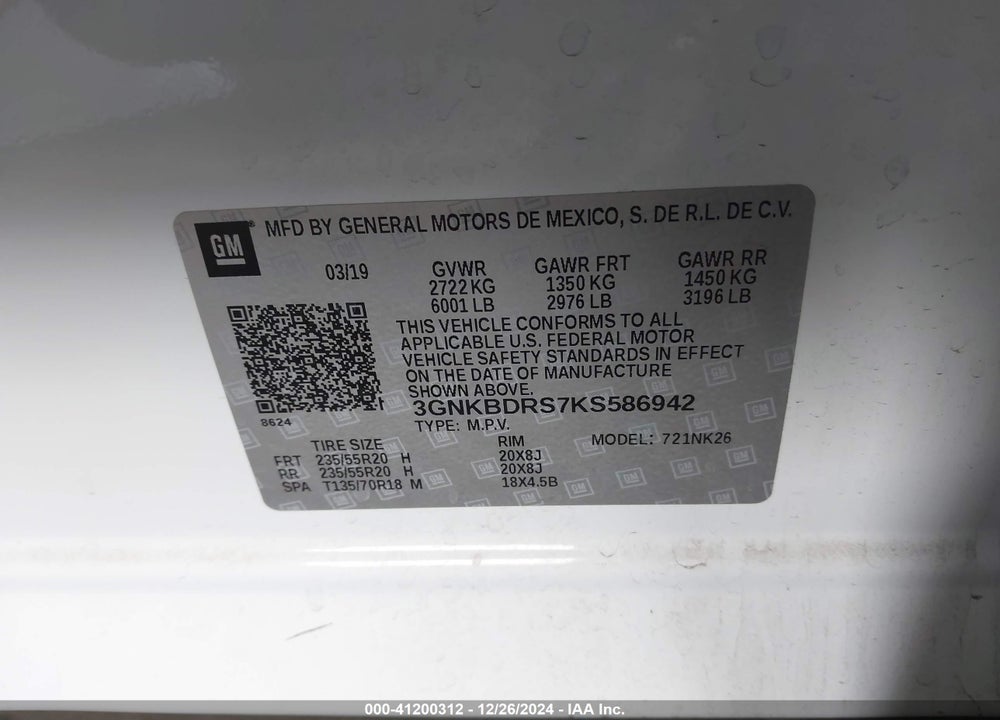 2019 CHEVROLET BLAZER VIN: 3GNKBDRS7KS586942