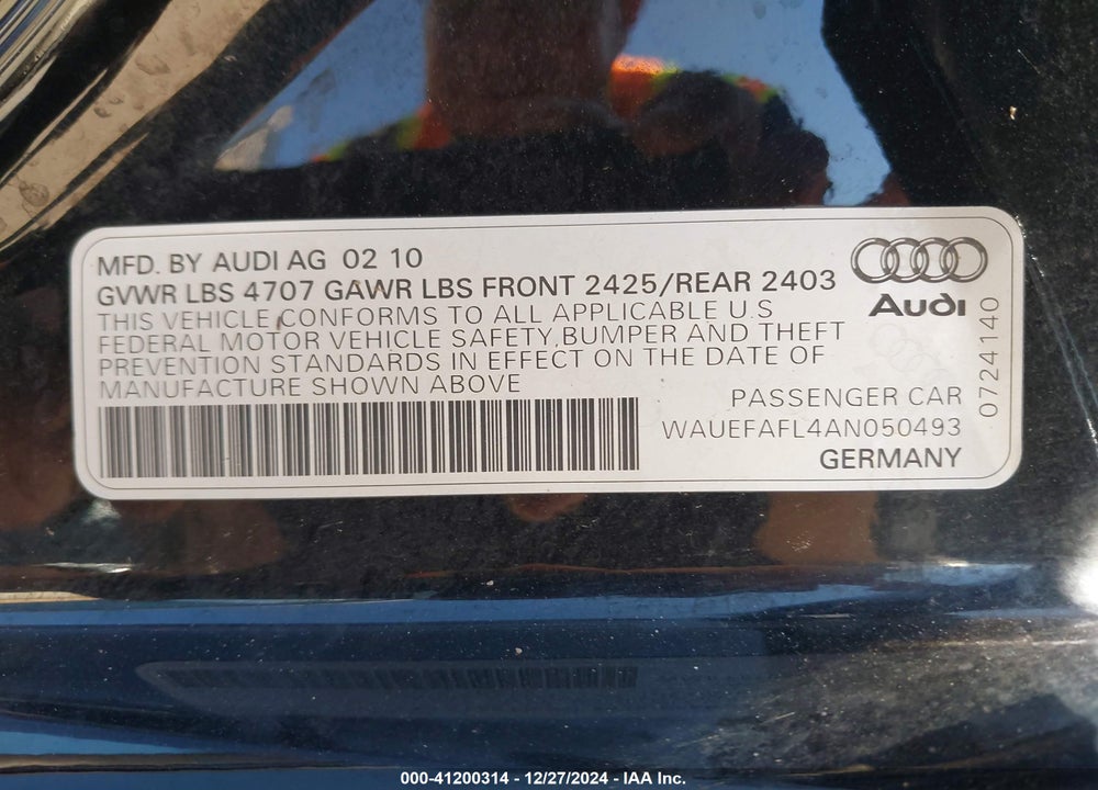 2010 AUDI A4 2.0T PREMIUM VIN: WAUEFAFL4AN050493