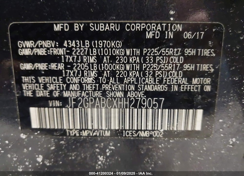 2017 SUBARU CROSSTREK 2.0I PREMIUM VIN: JF2GPABCXHH279057