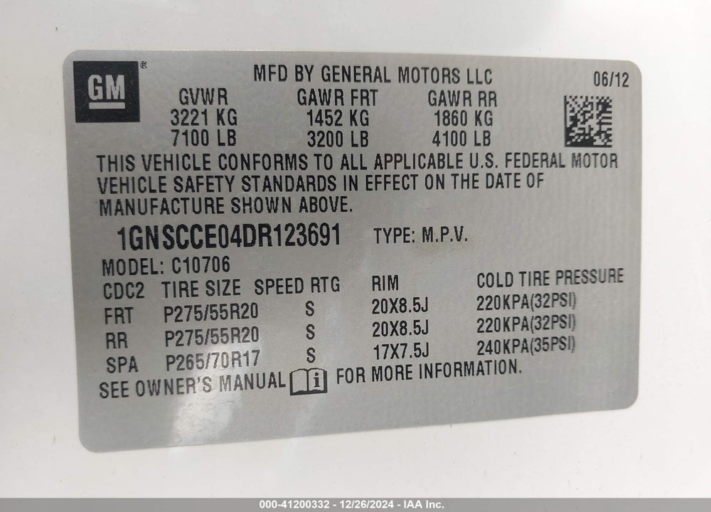 2013 CHEVROLET TAHOE LTZ VIN: 1GNSCCE04DR123691