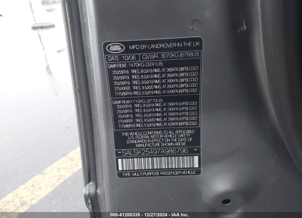 2007 LAND ROVER RANGE ROVER SPORT HSE VIN: SALSK25497A986796
