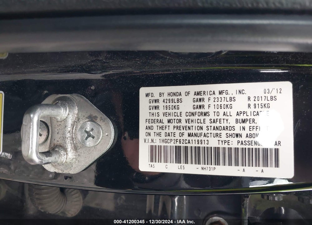 2012 HONDA ACCORD 2.4 SE VIN: 1HGCP2F62CA119913