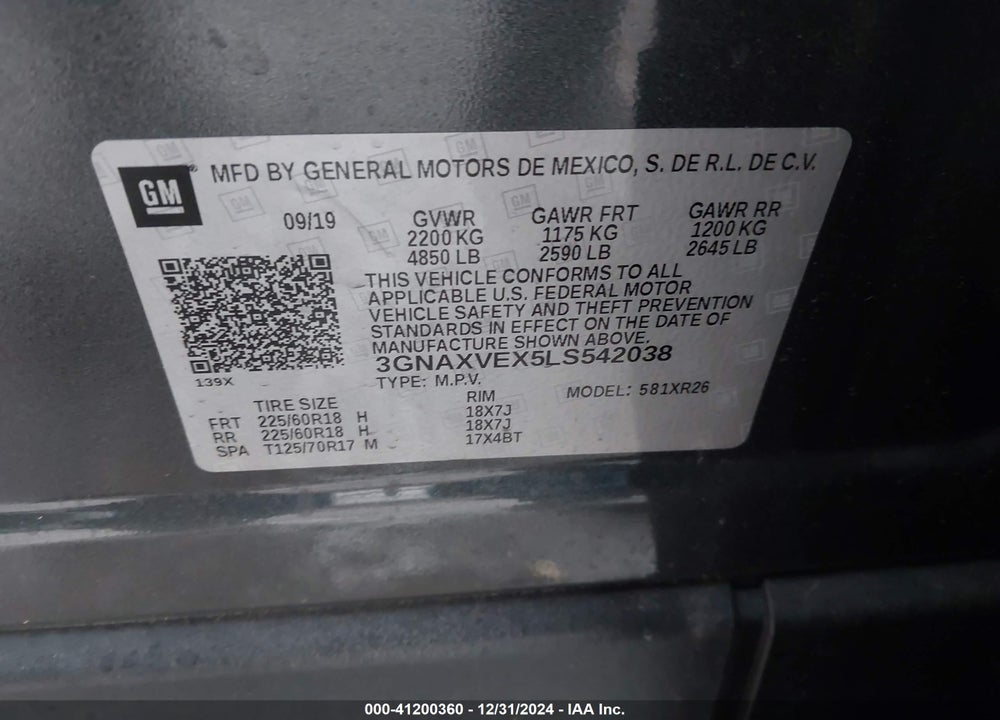 2020 CHEVROLET EQUINOX AWD LT 2.0L TURBO VIN: 3GNAXVEX5LS542038