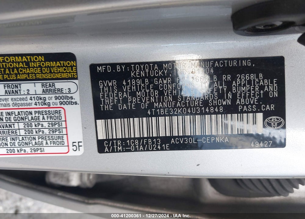 2004 TOYOTA CAMRY LE VIN: 4T1BE32K04U314848
