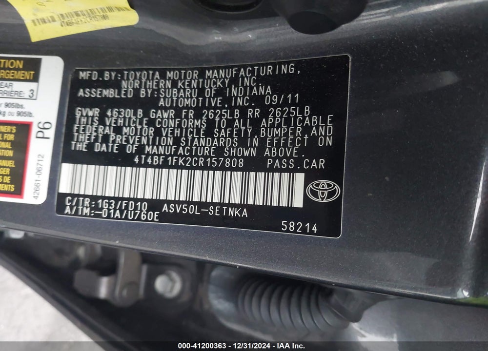 2012 TOYOTA CAMRY LE VIN: 4T4BF1FK2CR157808