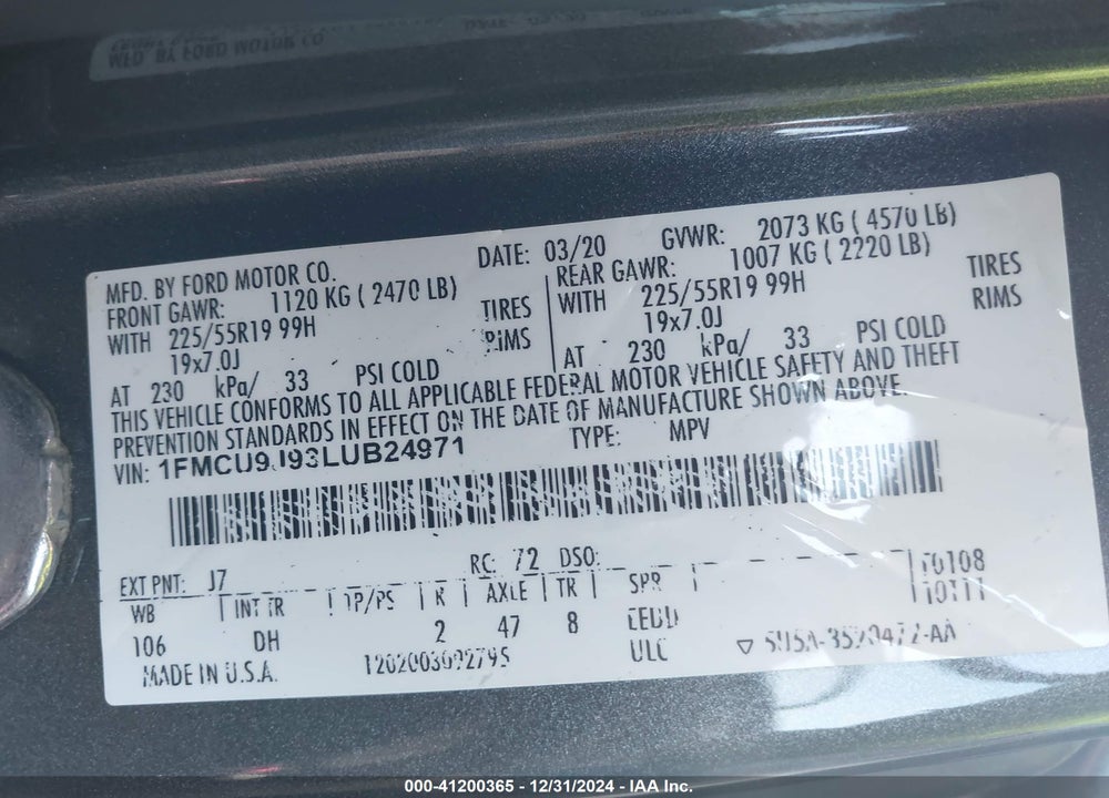 2020 FORD ESCAPE TITANIUM VIN: 1FMCU9J93LUB24971