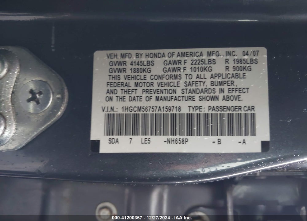 2007 HONDA ACCORD 2.4 EX VIN: 1HGCM56757A159718