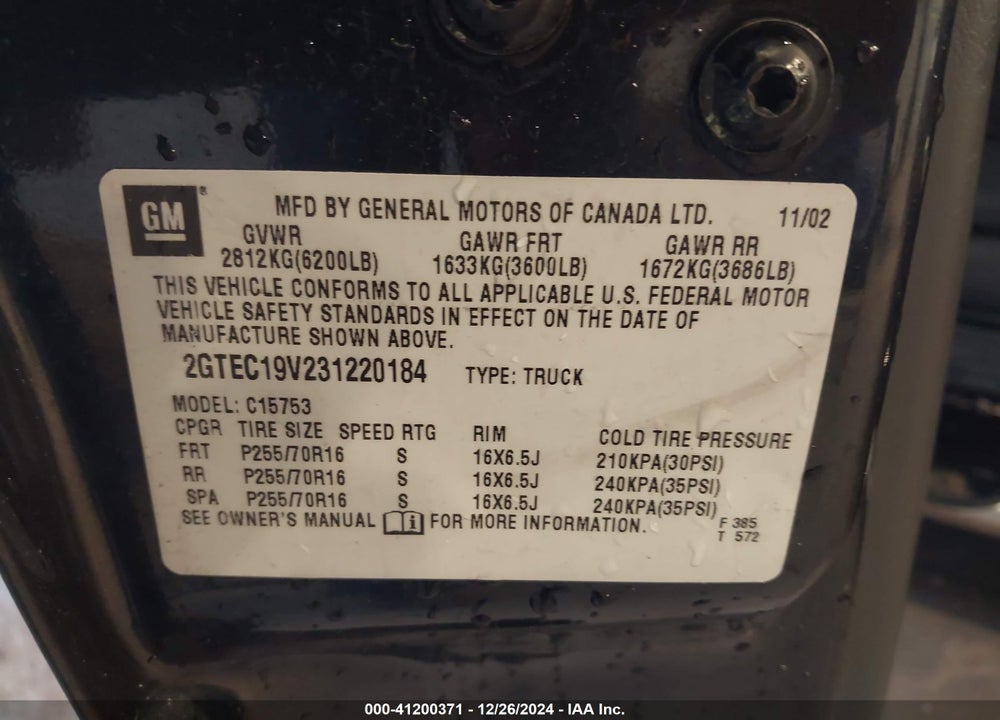 2003 GMC SIERRA 1500 SLE VIN: 2GTEC19V231220184
