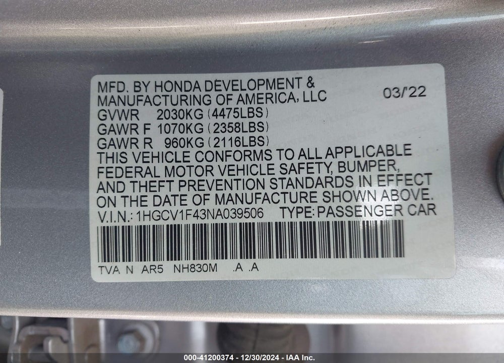 2022 HONDA ACCORD VIN: 1HGCV1F43NA039506