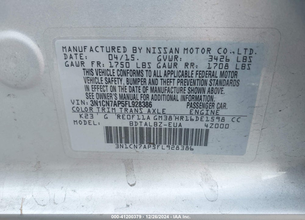 2015 NISSAN VERSA 1.6 SV VIN: 3N1CN7AP5FL928386