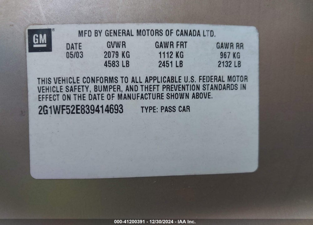 2003 CHEVROLET IMPALA VIN: 2G1WF52E839414693