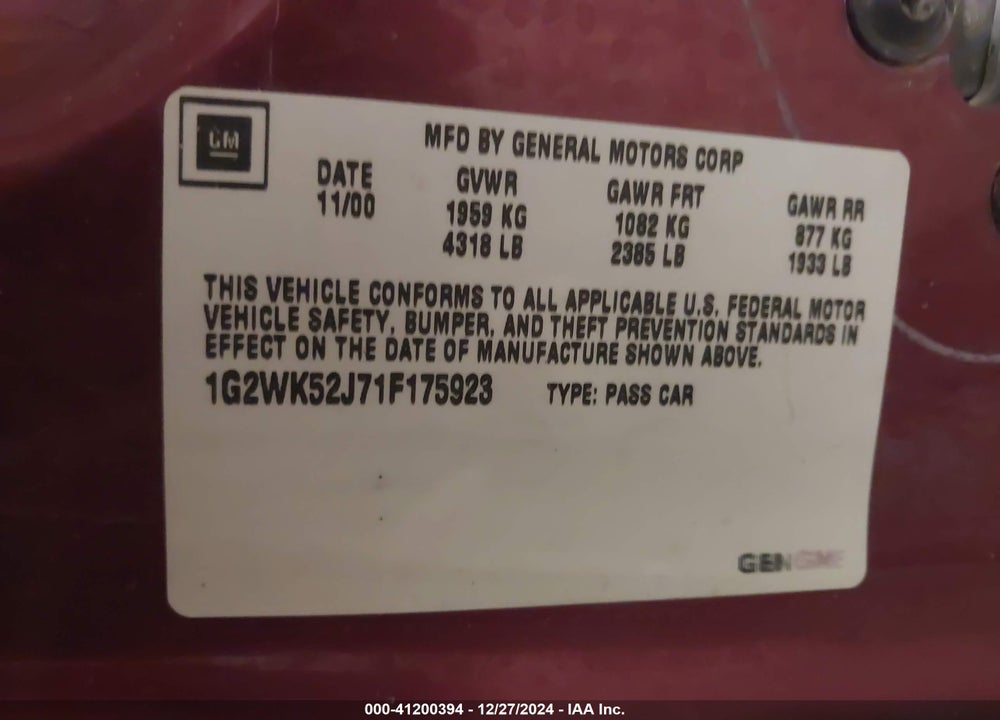 2001 PONTIAC GRAND PRIX SE VIN: 1G2WK52J71F175923