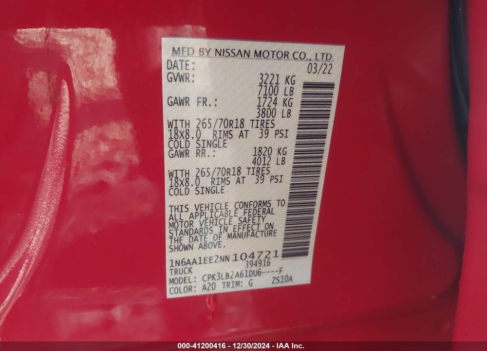 2022 NISSAN TITAN VIN: 1N6AA1EE2NN104721