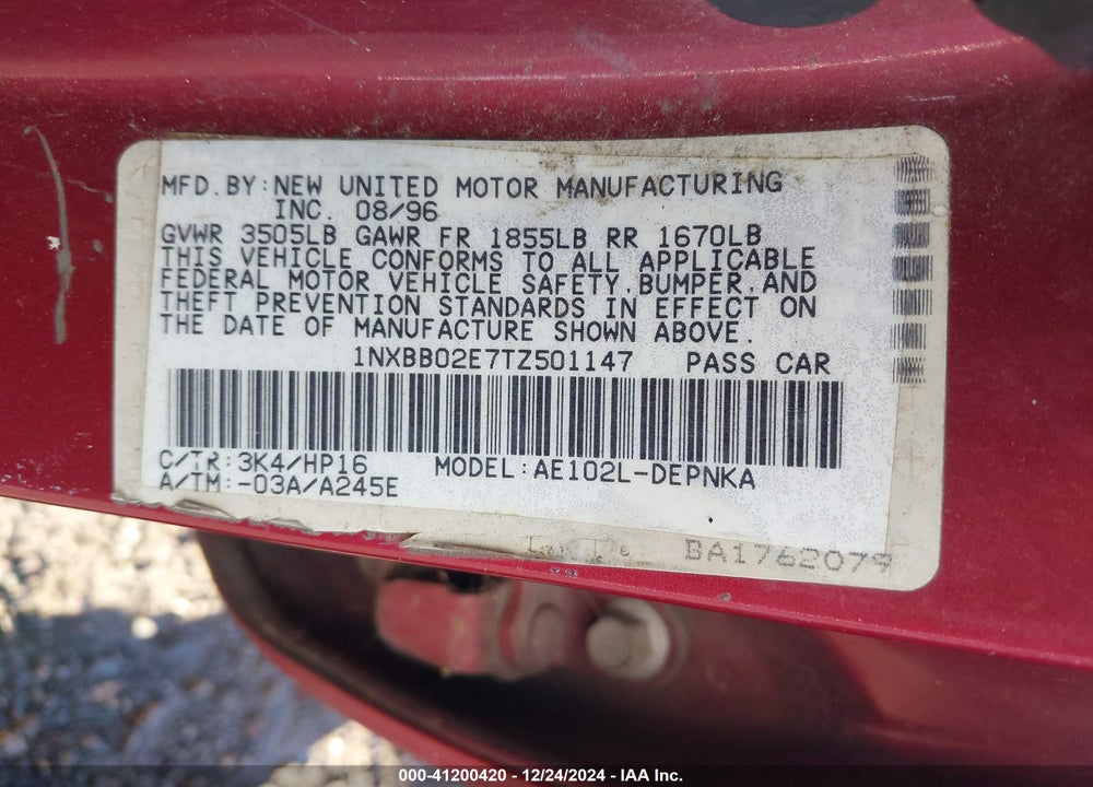 1996 TOYOTA COROLLA DX VIN: 1NXBB02E7TZ501147