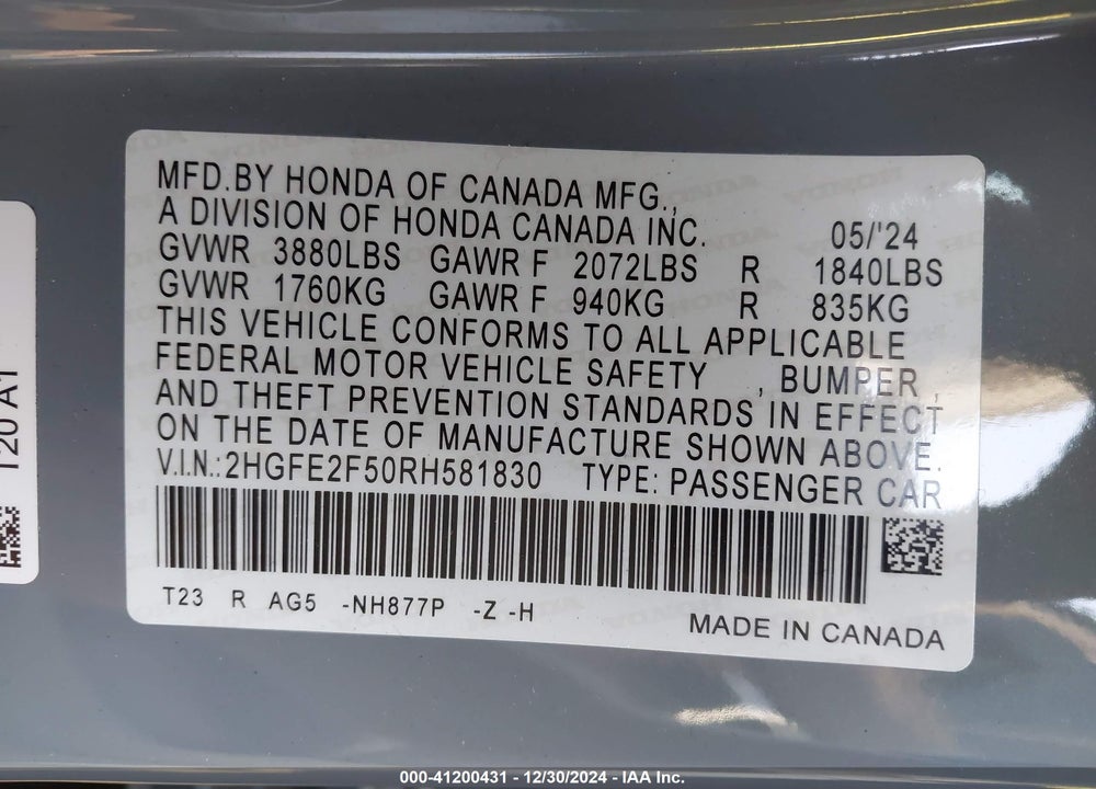 2024 HONDA CIVIC SPORT VIN: 2HGFE2F50RH581830