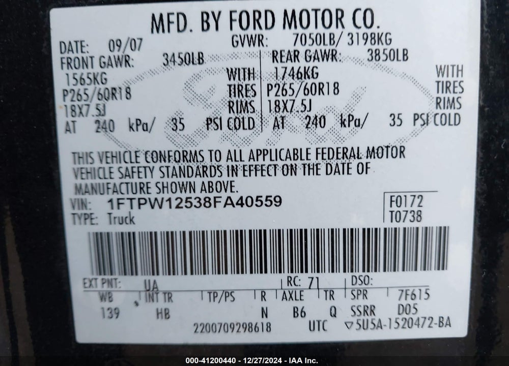 2008 FORD F-150 60TH ANNIVERSARY/FX2/KING RANCH/LARIAT/LIMITED/XLT VIN: 1FTPW12538FA40559