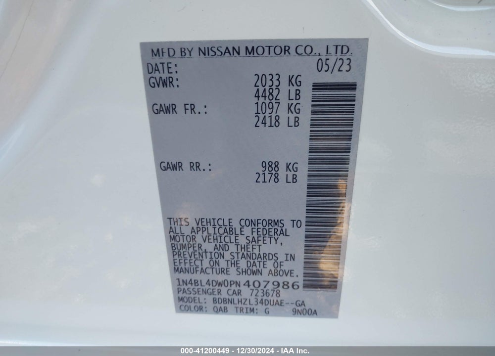 2023 NISSAN ALTIMA SV INTELLIGENT AWD VIN: 1N4BL4DW0PN407986