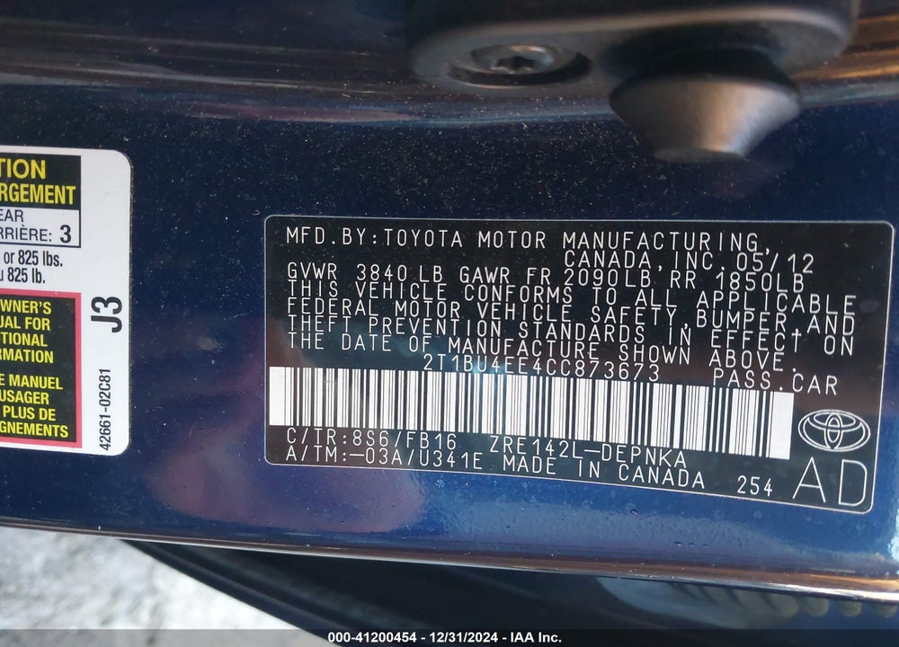 2012 TOYOTA COROLLA VIN: 2T1BU4EE4CC873673
