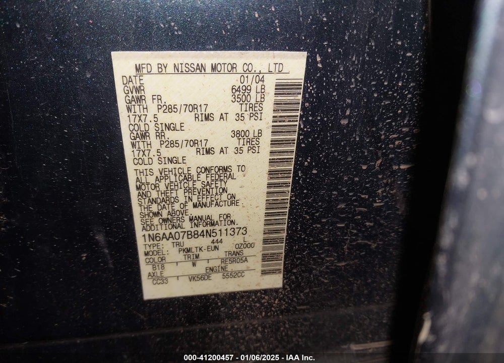 2004 NISSAN TITAN SE VIN: 1N6AA07B84N511373