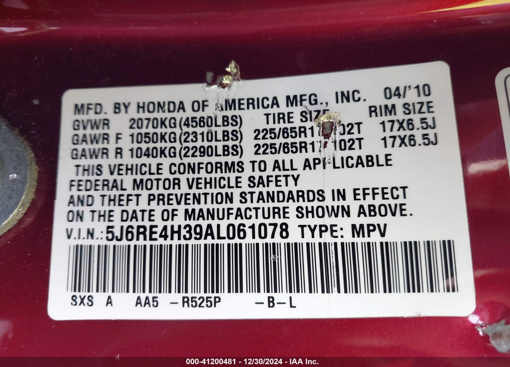 2010 HONDA CR-V LX VIN: 5J6RE4H39AL061078