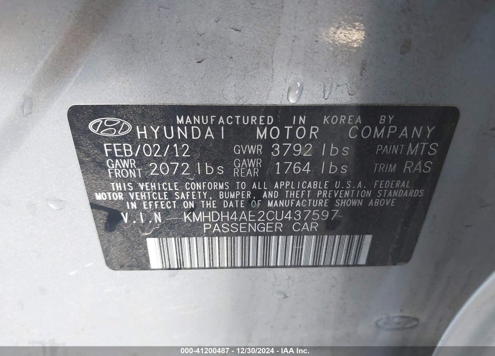 2012 HYUNDAI ELANTRA GLS (ULSAN PLANT) VIN: KMHDH4AE2CU437597