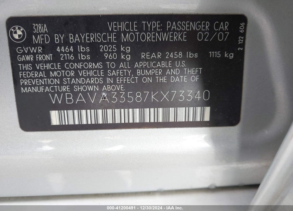 2007 BMW 328I VIN: WBAVA33587KX73340