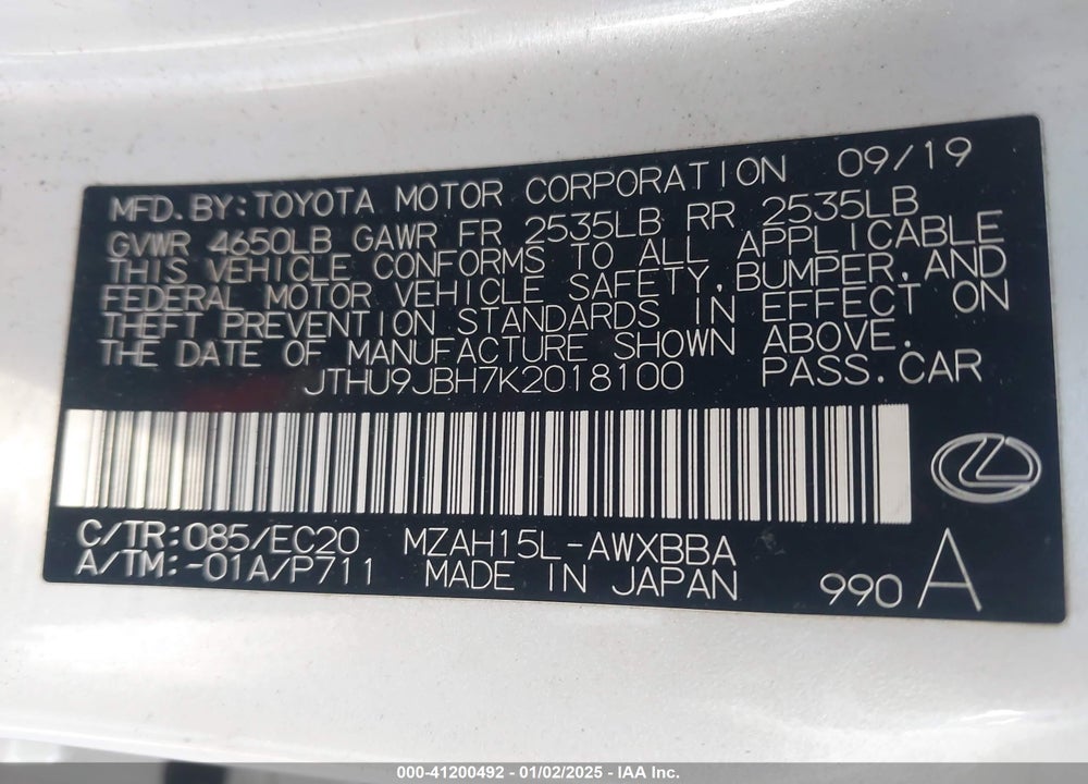 2019 LEXUS UX 250H VIN: JTHU9JBH7K2018100
